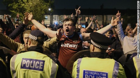 West Ham fans celebrate Tuesday&#39;s win over Manchester United outside the Boleyn Ground.