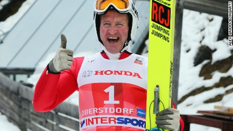 OBERSTDORF, GERMANY - DECEMBER 29:  Former Olympian Eddie &quot;The Eagle&quot; Edwards attends a show jumping event on day 2 of the Four Hills Tournament Ski Jumping event at Schattenberg-Schanze on December 29, 2013 in Oberstdorf, Germany.  (Photo by Alex Grimm/Bongarts/Getty Images)  (Photo by Alex Grimm/Bongarts/Getty Images,)