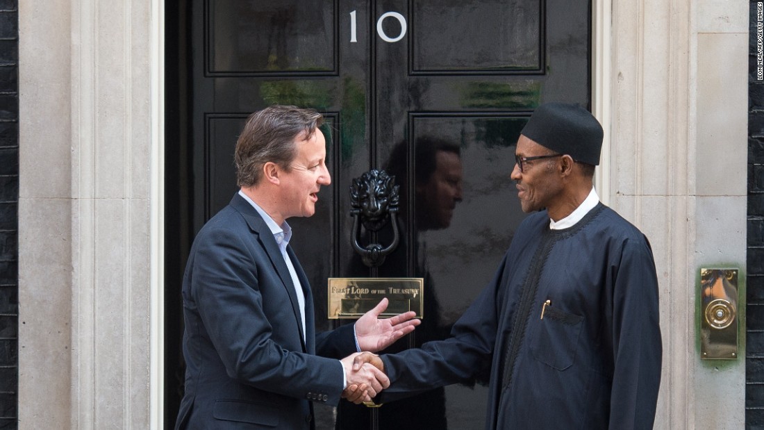 British Prime Minister David Cameron and Nigeria&#39;s President  Muhammadu Buhari shake hands. Cameron recently called Nigeria &quot;fantastically corrupt&quot; in comments before an anti-corruption summit in London. 