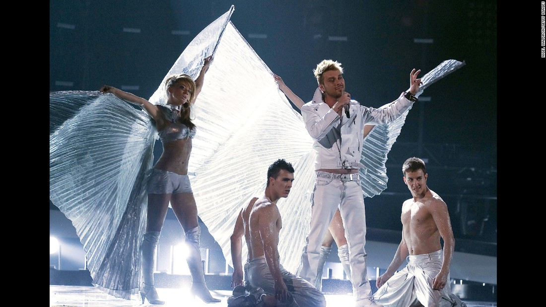 Bulgarian singer Miroslav Kostadinov tackles a dress rehearsal at Eurovision in 2010.