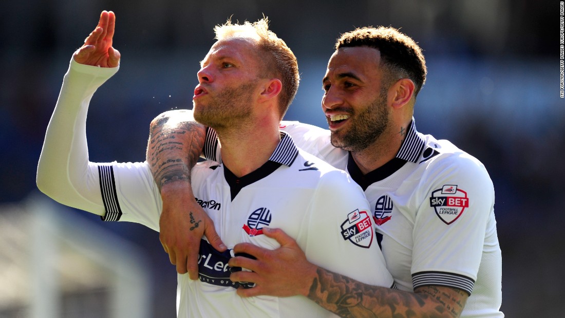 Star striker Eidur Gudjohnsen (left, formerly with Bolton), celebrates a goal with Craig Davies in 2015. Gudjohnsen, 37, is the team&#39;s elder statesmen, as well as it&#39;s most famous international player. The forward won titles with Chelsea and Barcelona.