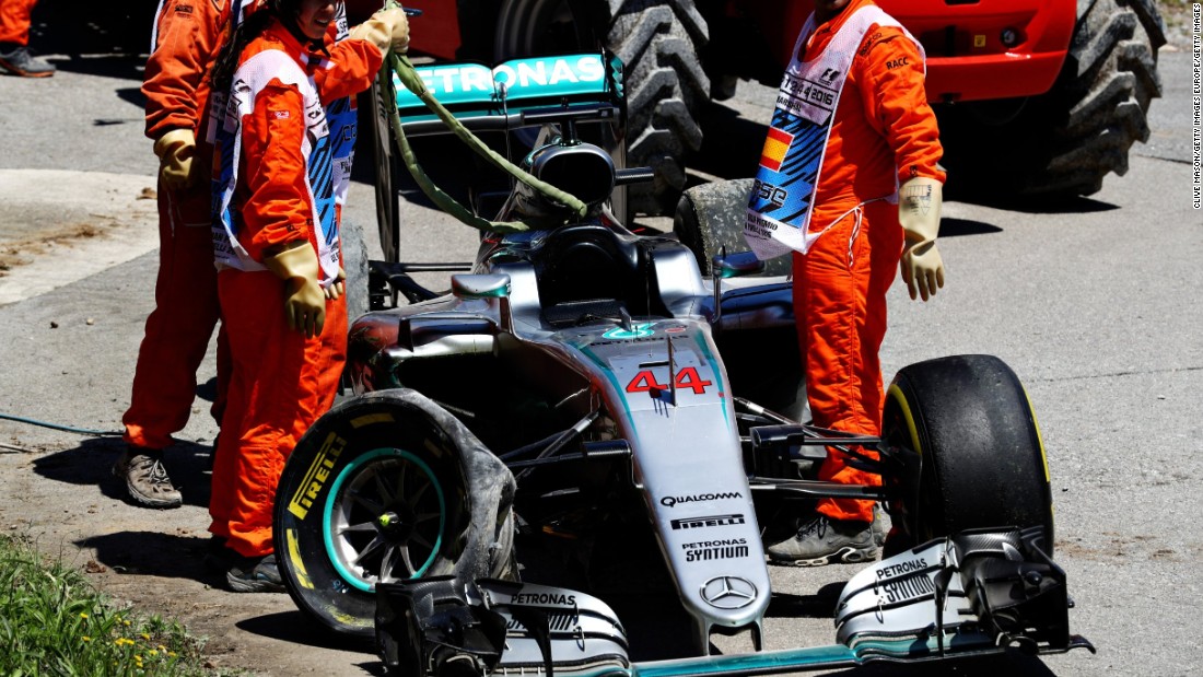 The mangled remains of Lewis Hamilton&#39;s car following his first-lap crash with Mercedes teammate Nico Rosberg.