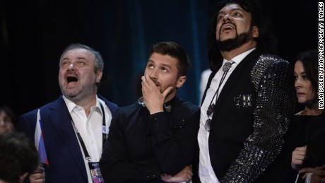 Russia&#39;s Sergey Lazarev (C) reacts during the final vote counting during the Eurovision Song Contest final at the Ericsson Globe Arena in Stockholm, on May 14, 2016.