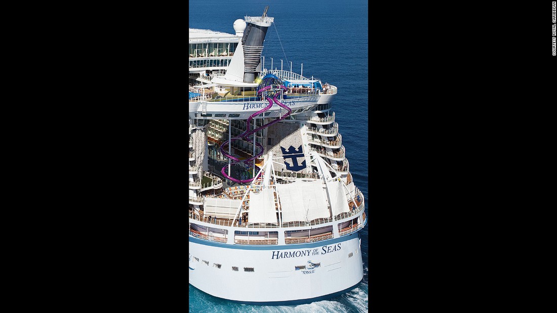 See those purple, squiggly things in the back of the ship? That&#39;s one of Harmony&#39;s biggest attractions: The Ultimate Abyss, which the cruise line calls &quot;the tallest slide on the high seas.&quot; It takes guests on a 100-foot drop from Deck 16 to Deck 6.