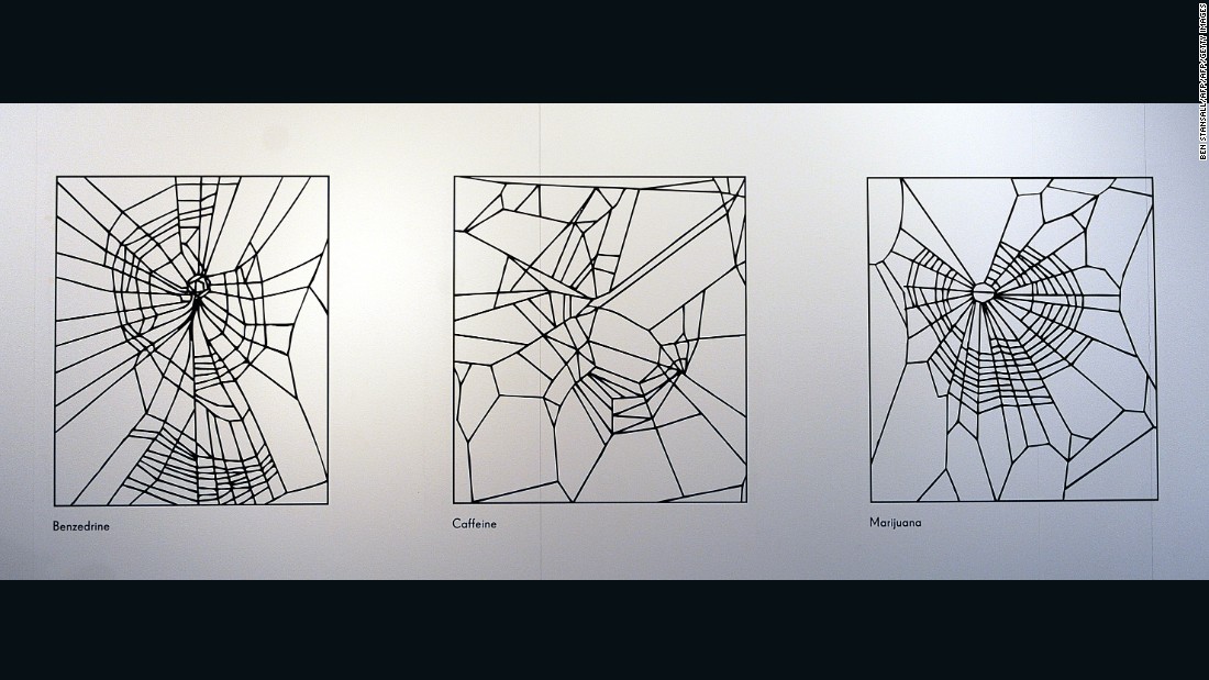 Vollrath  took commissions from the U.S. military to study how drugs, including LSD, affected a spiders&#39; web building. Pictured, three seperate images illustrating experiments of spiders making webs under the influence of the drugs Benzedrine (L), Caffine (C) and Marijuana, (R).