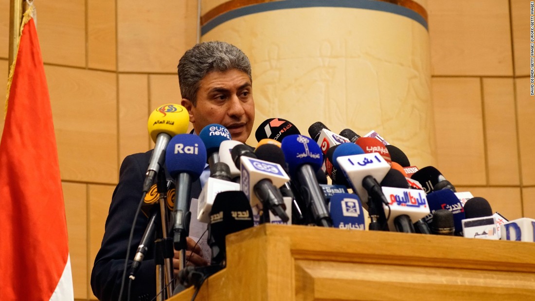 Egyptian Minister of Civil Aviation Sherif Fathi holds a press conference on the missing plane. 