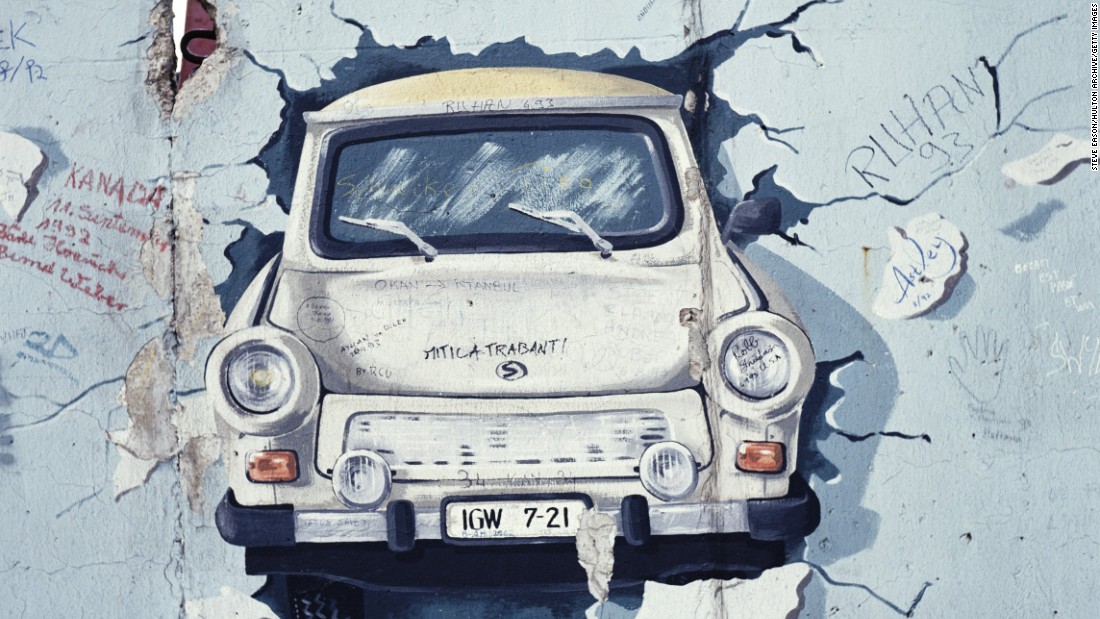 A painting of a Trabant car bursting through a wall in post unification Berlin, August 1993. Formula E are hoping Saturday&#39;s race will be another breakthrough moment for electric cars.  