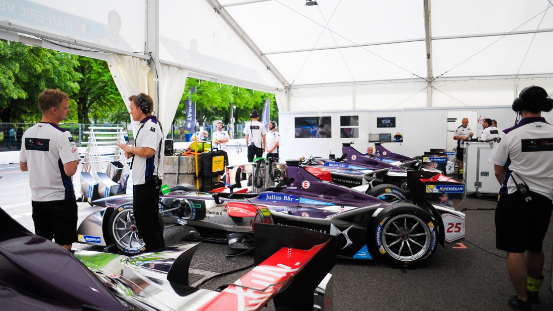 The DS Virgin Racing team doing final preparations in the pit garage. Jean-Eric Vergne will start from pole position in Saturday&#39;s race.  
