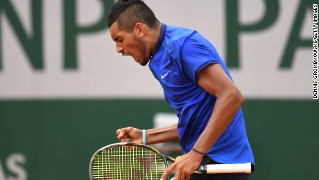 Nick Kyrgios of Australia got fired up during his first round win over Marco Cecchinato of Italy.