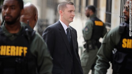 BALTIMORE, MD - MAY 23:  Baltimore Police Officer Edward Nero (C) arrives at the Mitchell Courthouse-West on the day a judge will issue a vertict in his trial May 23, 2016 in Baltimore, Maryland. Nero is one of six police officers charged in the arrest and death of Freddie Gray, whose injuries while in police custody resluted in his death and sparked days of protests and riots in Baltimore last year.  (Photo by Chip Somodevilla/Getty Images)