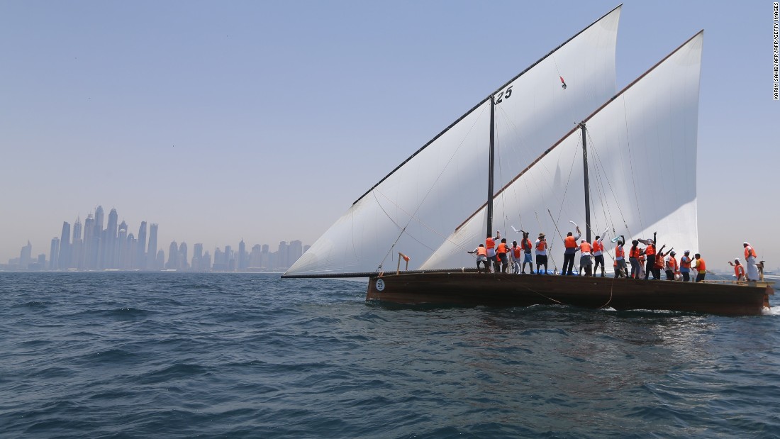 Dhows do not have motors, and each boat competing today must have a crew of a minimum of 12 for the 51.3 nautical mile-long race.