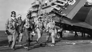 Brown with his squadron mates aboard the USS Leyte, where he'd finally won acceptance because of his skill as a pilot.