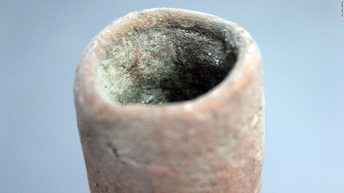 Scientists analyzed the residue from the interior surface of the funnel to determine some of the ingredients used by ancient brewers.