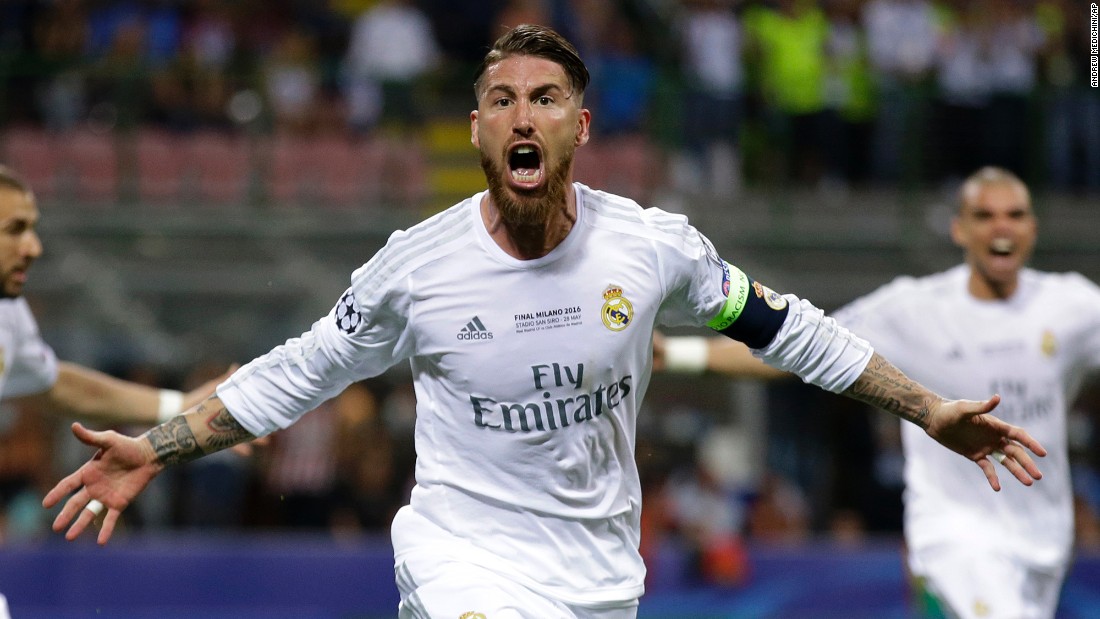 Sergio Ramos celebrates after scoring Real Madrid&#39;s to give Zinedine Zidane&#39;s team a first half lead.