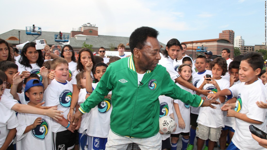 Here Pele is pictured in a New York Cosmos jacket, his match worn jerseys from his time with the American club between 1975 and 1977 are expected to attract bids of up to $10,000.