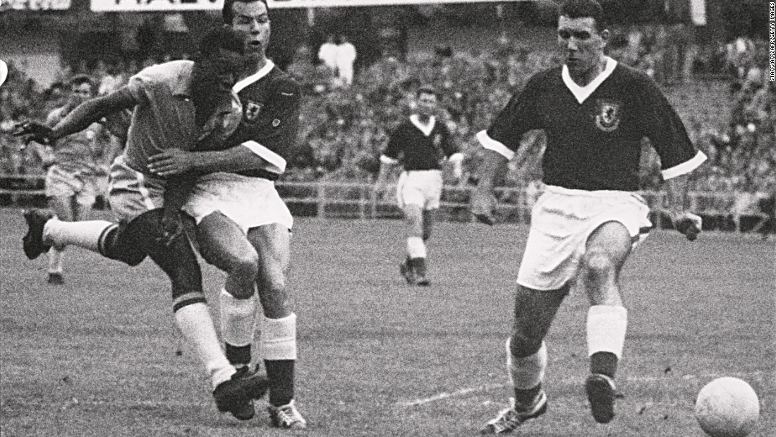 A 17-year-old Pele is pictured during the 1958 World Cup quarterfinals against Wales. The Brazilian also holds the world record for the youngest player to appear in and score in a World Cup final. 