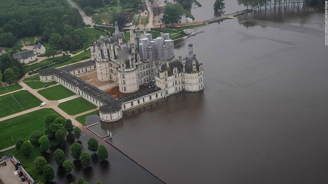 An aerial photo shows flood waters around the 16-th century chateau of Chambord on June 2 after the Cosson burst its banks.