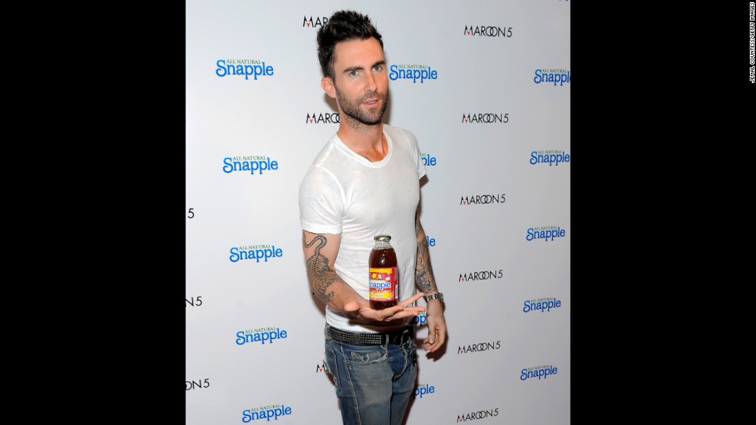 Adam Levine, lead singer for the group Maroon 5, endorsing Snapple. A&lt;a href=&quot;http://www.snapple.com/products/snapple-pink-lemonade&quot; target=&quot;_blank&quot;&gt; bottle&lt;/a&gt; of Snapple&#39;s Half and Half Tea has 50 grams of sugar, the daily limit &lt;a href=&quot;http://www.cnn.com/2016/01/07/health/2015-dietary-guidelines/&quot;&gt;recommended&lt;/a&gt; by the new U.S. dietary guidelines.