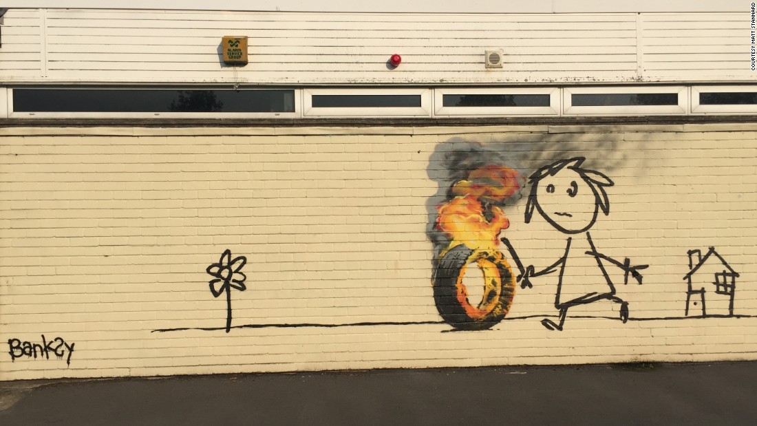 In June 2016 elusive UK street artist Banksy painted this mural for students at a primary school in his hometown of Bristol, England. Students had named a house at their school for the artist, who surprised them with the mural when they returned from a holiday break. Here's a look at some other notable Banksy works.