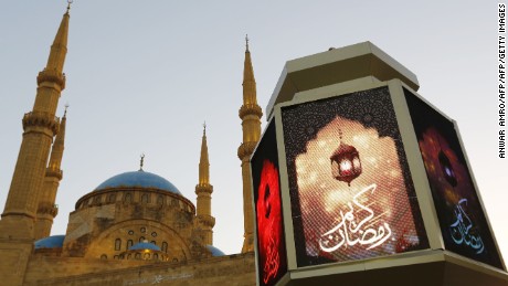 A general view taken on June 5, 2016 shows a large lantern decorating the street in front of the Mohammad al-Amin Mosque in downtown Beirut, Lebanon.