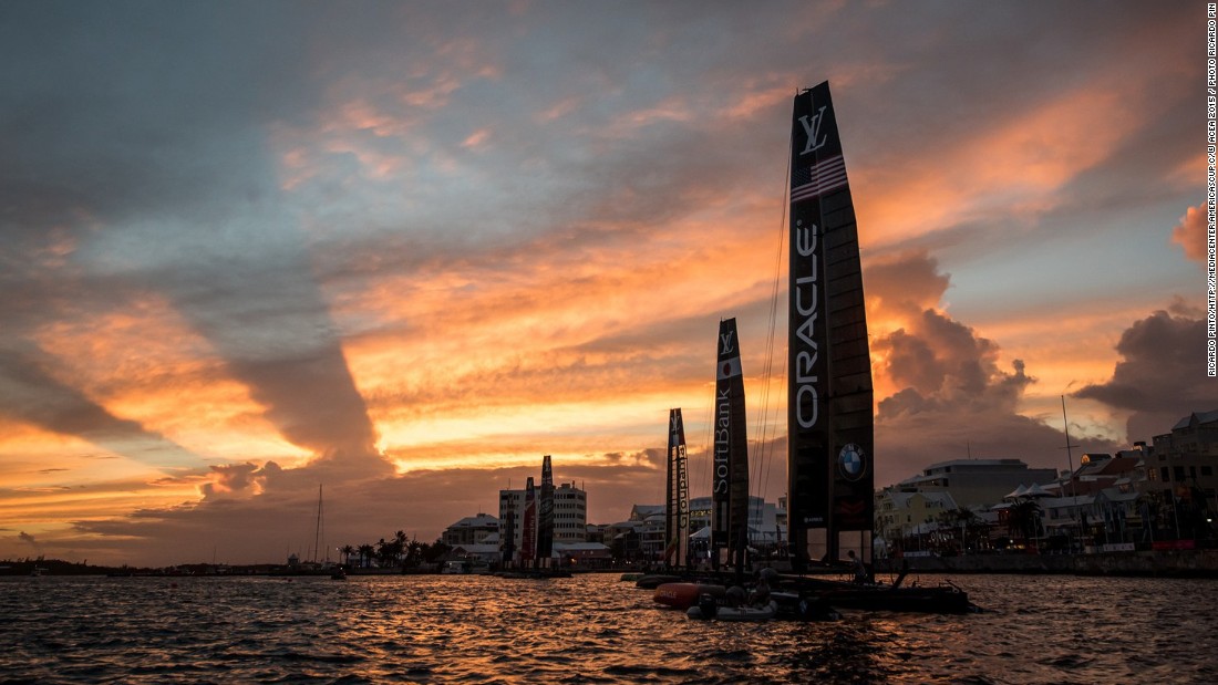 The sun sets over Hamilton, the capital of Bermuda, after a training day last year during the America&#39;s Cup World Series. Next year&#39;s finals may give its economy a $250 million boost, local organizers say. 