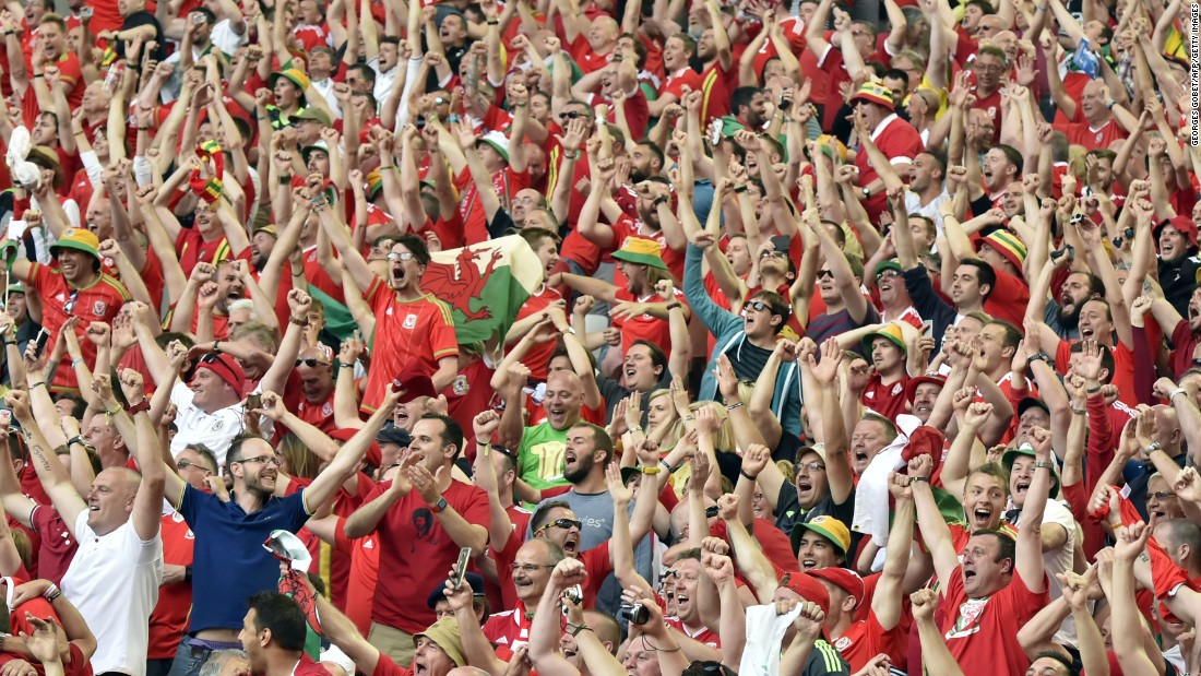 Wales fans celebrate their team&#39;s 2-1 win over Slovakia in the Euro 2016 at the Stade de Bordeaux in Bordeaux, France on Saturday,June 11.