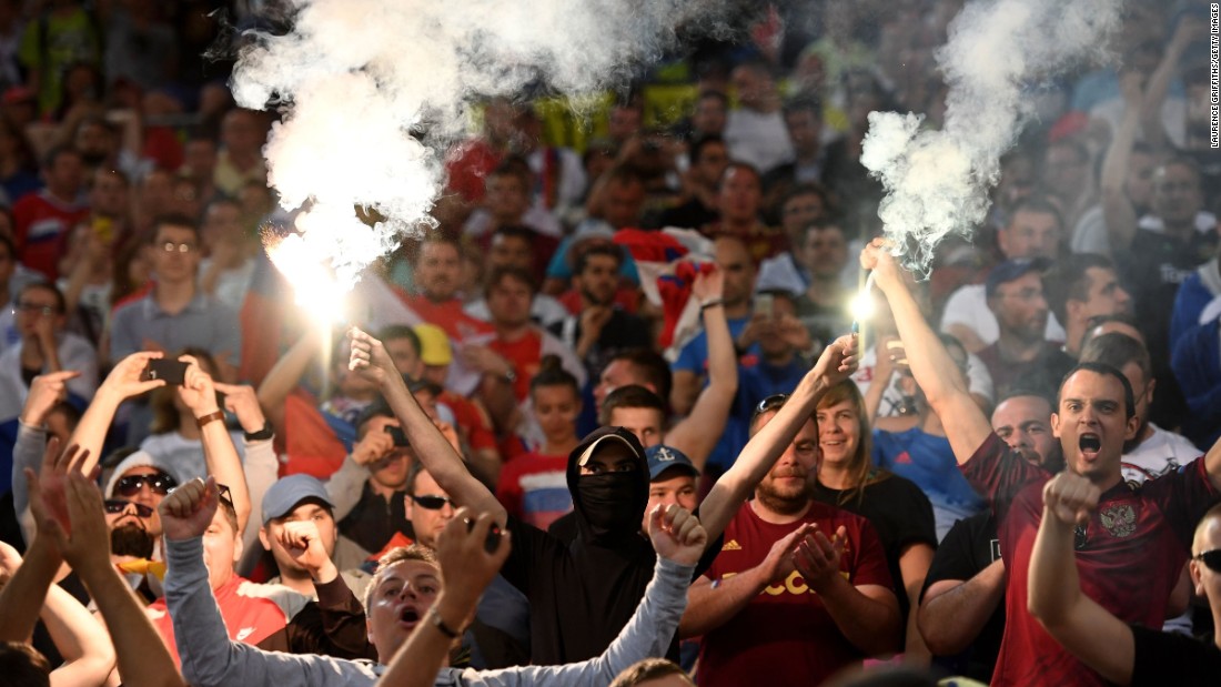 Russian supporters light fireworks after a  Euro 2016 match between England and Russia ended in a 1-1 tie, at Stade Velodrome on Saturday, June 11, in Marseille, France. 