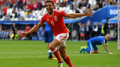 Robson-Kanu celebrates after firing home a late winner for Wales.