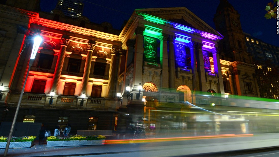 The city of Melbourne posted this image on its Twitter account June 13 &quot;as a mark of respect for those touched by the attack in Orlando. Town Hall is lit in the rainbow #LoveIsLove.&quot;