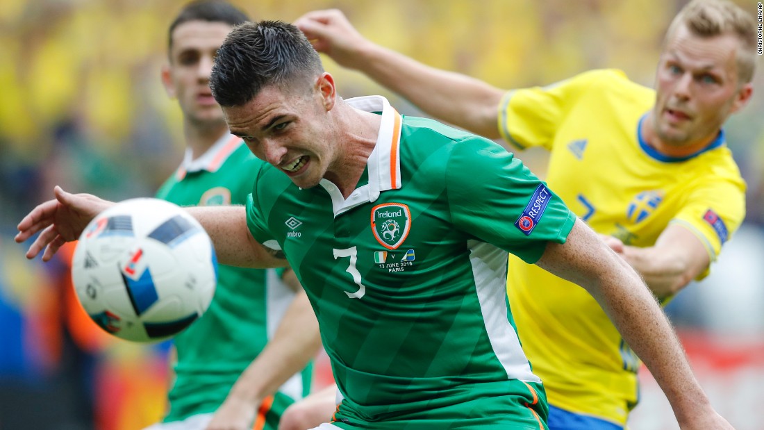 Ireland&#39;s Ciaran Clark accidentally heads the ball into his own net during a 1-1 draw with Sweden.