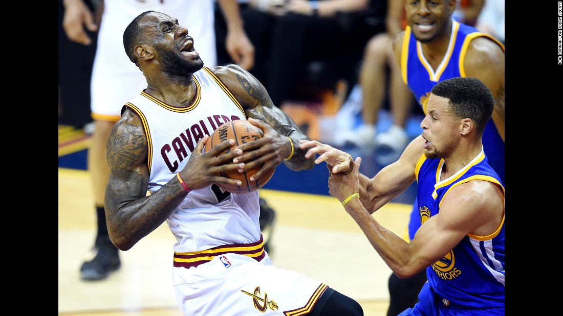 Cleveland&#39;s LeBron James is fouled by Golden State&#39;s Stephen Curry during Game 4 of the NBA Finals on Friday, June 10. Golden State won the game to take a 3-1 lead in the best-of-seven series.