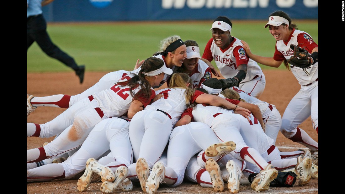 Oklahoma softball players celebrate after they defeated Auburn to win the College World Series on Wednesday, June 8. It is Oklahoma&#39;s third national title in the sport.