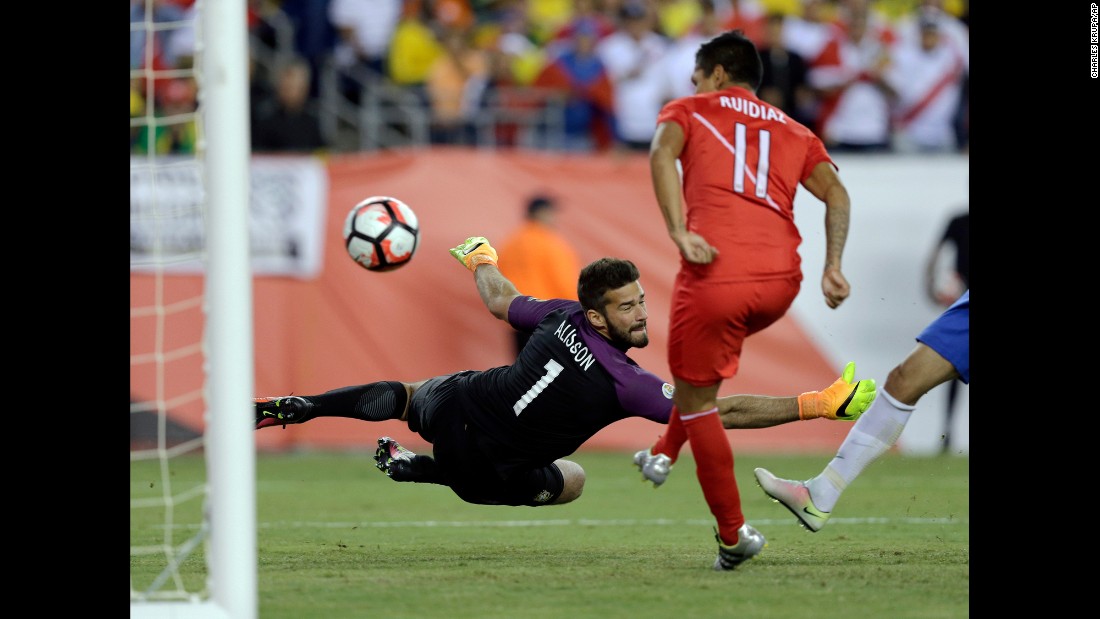 Peru&#39;s Raul Ruidiaz scores a goal past Brazilian goalkeeper Alisson during a Copa America match on Sunday, June 12. It &lt;a href=&quot;http://bleacherreport.com/articles/2645931-brazil-vs-peru-score-reaction-from-2016-copa-america&quot; target=&quot;_blank&quot;&gt;appeared to be a handball,&lt;/a&gt; but the call wasn&#39;t made and Peru won the match 1-0. With the victory, Peru advanced to the tournament quarterfinals and Brazil was eliminated.