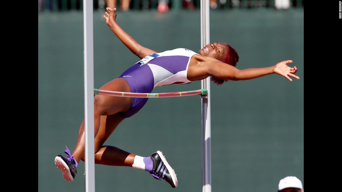 Kansas State&#39;s Kimberly Williamson clears the bar en route to winning the NCAA high jump title on Saturday, June 11. Her winning jump was 6 feet, 2 inches.