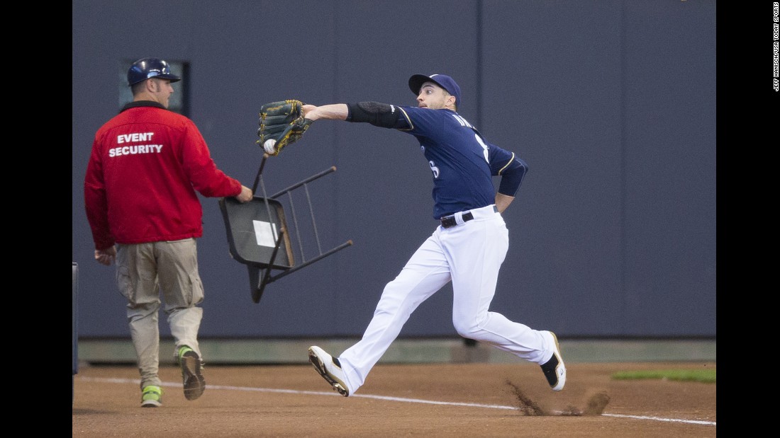 Milwaukee&#39;s Ryan Braun makes a running catch in foul territory during a home game on Wednesday, June 8.  