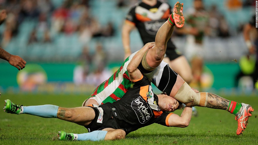 Luke Brooks of the Wests Tigers tackles Aaron Gray of the South Sydney Rabbitohs during a National Rugby League match in Sydney on Friday, June 10.