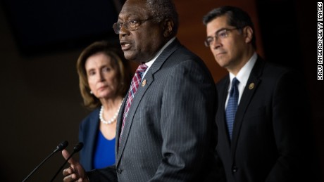 Then-House Minority Leader Nancy Pelosi appears with Rep. James Clyburn of South Carolina, at center, and then-Rep. Xavier Becerra during a news conference in May 2016.