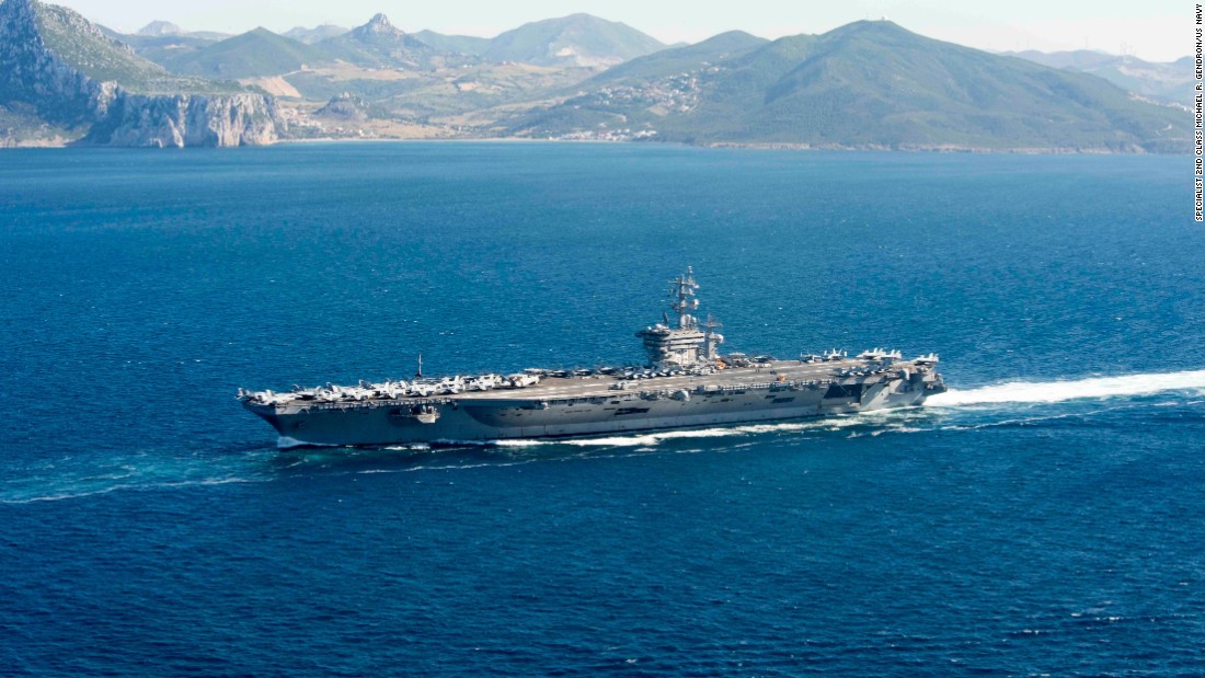 The aircraft carrier USS Dwight D. Eisenhower (CVN 69) (Ike) transits through the Strait of Gibraltar into the Mediterranean Sea on June 13, 2016. Ike, the flagship of the Eisenhower Carrier Strike Group, is conducting naval operations in the U.S. 6th Fleet area of operations. It could be used to support operations against ISIS in the Mideast.