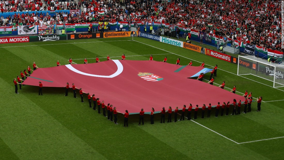 A large Hungary shirt is held as part of the pre-match ceremony.