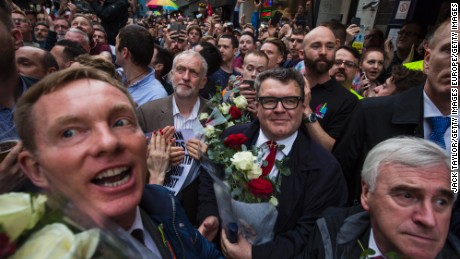 Labour leader Jeremy Corbyn, second from left at front, attends a vigil at the Admiral Duncan pub on Old Compton Street.