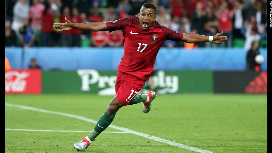 Nani celebrates the opening goal of the match, which he scored in the first half.