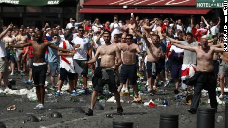 Raucous English fans throw bottles Saturday before the Euro 2016 match against Russia in Marseilles, France.