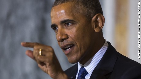 WASHINGTON, DC - JUNE 14: (AFP-OUT) US President Barack Obama speaks on the Orlando shooting at the Treasury Department after convening with his National Security Council on June 14, 2016 in Washington, DC. Obama directly attacked Donald Trump&#39;s proposal to ban Muslims from entering the United States. (Photo by Jim Lo Scalzo-Pool/Getty Images)