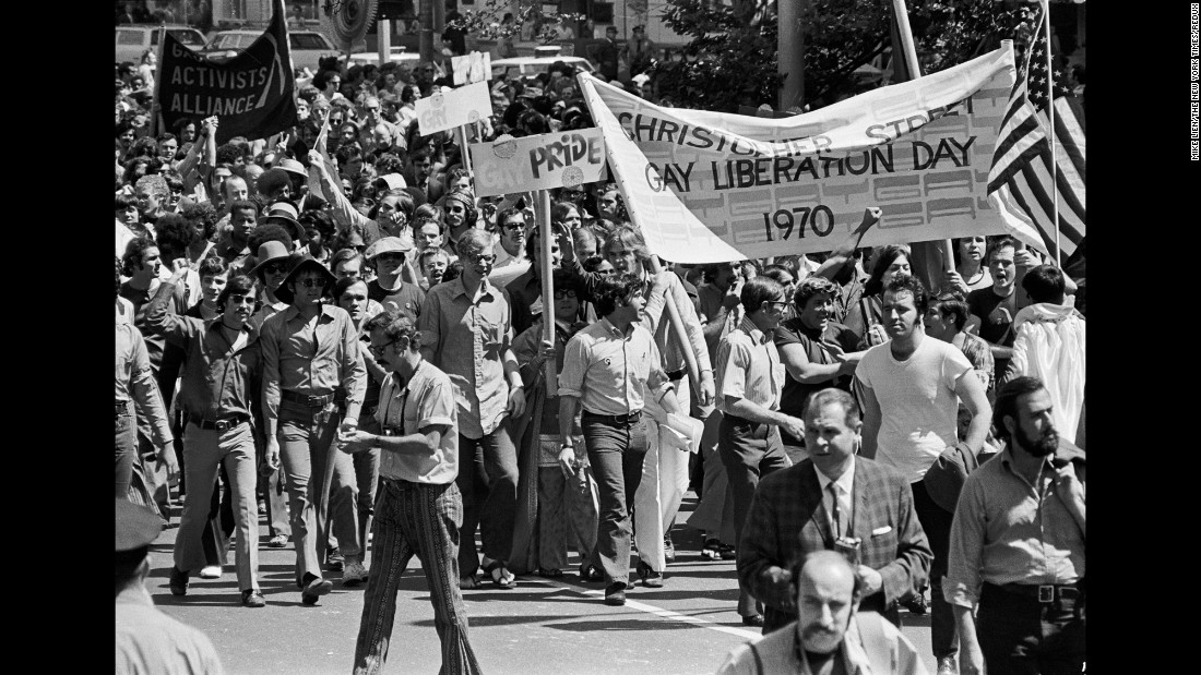 People march into New York&#39;s Central Park during the nation&#39;s first gay pride parade on June 28, 1970. The event was held on the one-year anniversary of the Stonewall riots, when members of the gay community clashed with police who had raided the &lt;a href=&quot;http://www.cnn.com/2016/05/09/travel/stonewall-inn-nps-national-monument-gay-rights/&quot; target=&quot;_blank&quot;&gt;Stonewall Inn&lt;/a&gt; in Manhattan. 