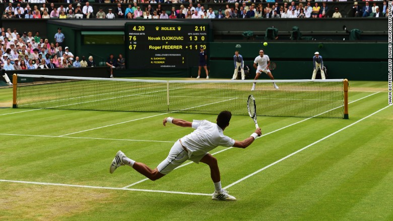 LONDON, ENGLAND - JULY 12:  Novak Djokovic of Serbia plays a forehand in the Final Of The Gentlemen's Singles against Roger Federer of Switzerland on day thirteen of the Wimbledon Lawn Tennis Championships at the All England Lawn Tennis and Croquet Club on July 12, 2015 in London, England.  (Photo by Shaun Botterill/Getty Images)