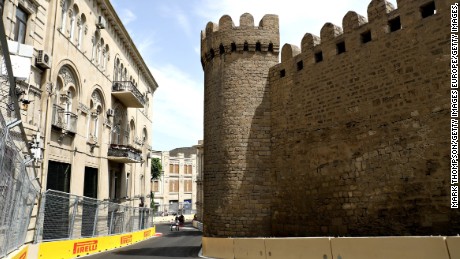 Baku&#39;s ancient Qosha gate as seen from the new street circuit