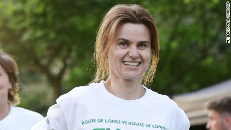 Jo Cox is seen on June 6, during the Peers and MPs Parliamentary Tug of War contest, in aid of the Macmillan Cancer Support charity, at The College Gardens, Westminster, London.