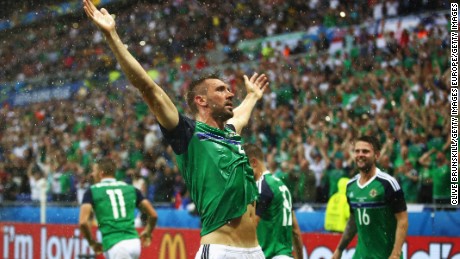 McAuley celebrated his country&#39;s first goal at a major tournament for 30 years.