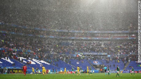 The players were forced off the field after a hailstorm in Lyon.
