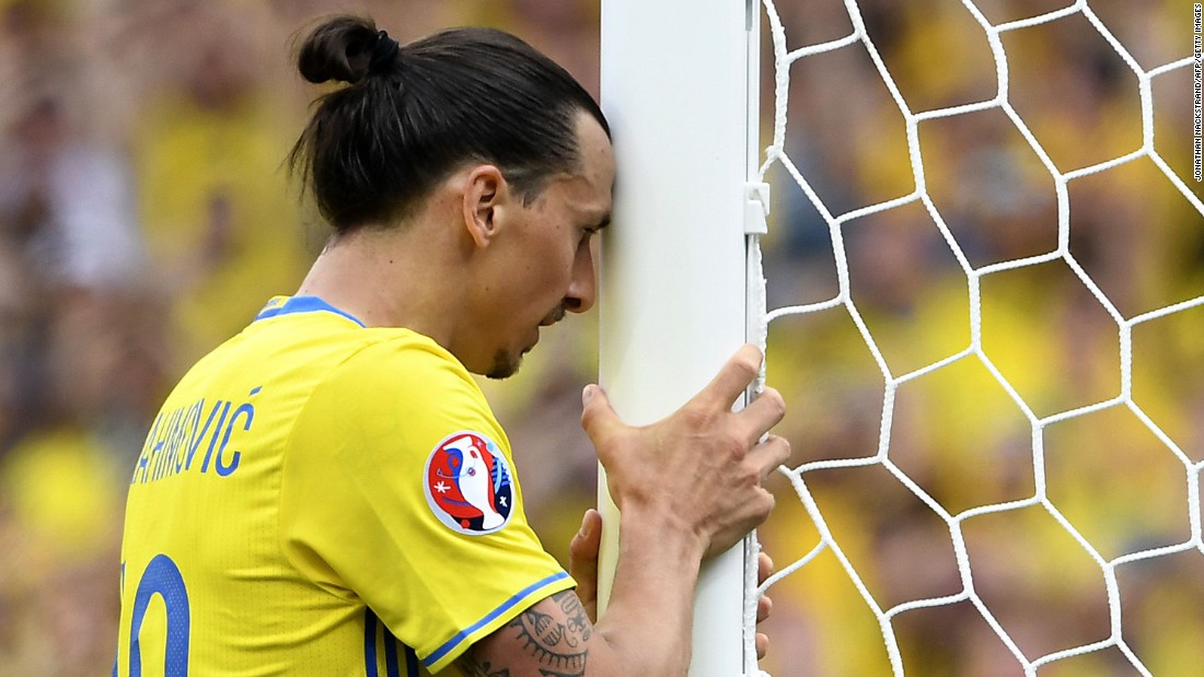 Zlatan Ibrahimovic, Sweden&#39;s star striker, reacts to a missed chance.